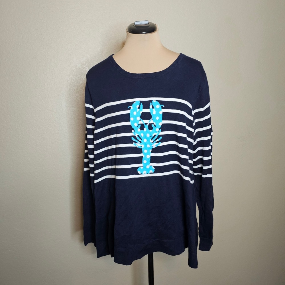 Crown & Ivy Womens Large Navy Blue Striped Lobster Polka Dot Cotton Sweater